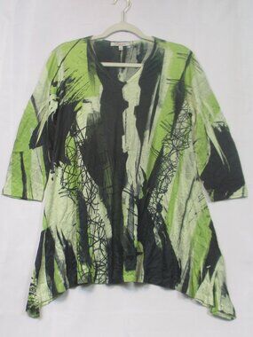 Jess & Jane Womens Abstract Green V-Neck 3/4 Sleeve Tunic Top Small Casual